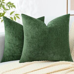 Pack of 2 Moss Green Pillow Covers Cases Only, 18x18 Soft Chenille, No insert